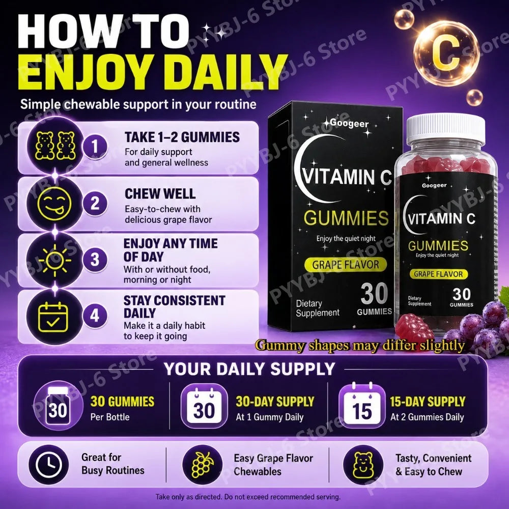 Vitamin C Gummies 30pcs Grape Flavor Chewable Dietary Supplement with Lutein Pectin Daily Immune Antioxidant Eye Support
