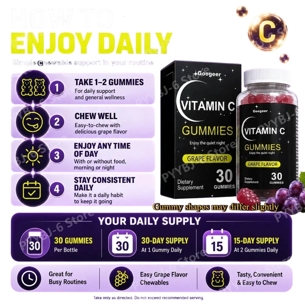 Vitamin C Gummies 30Pcs Grape Flavor Chewable Dietary Supplement With Lutein Pectin Daily Immune Antioxidant Eye Support