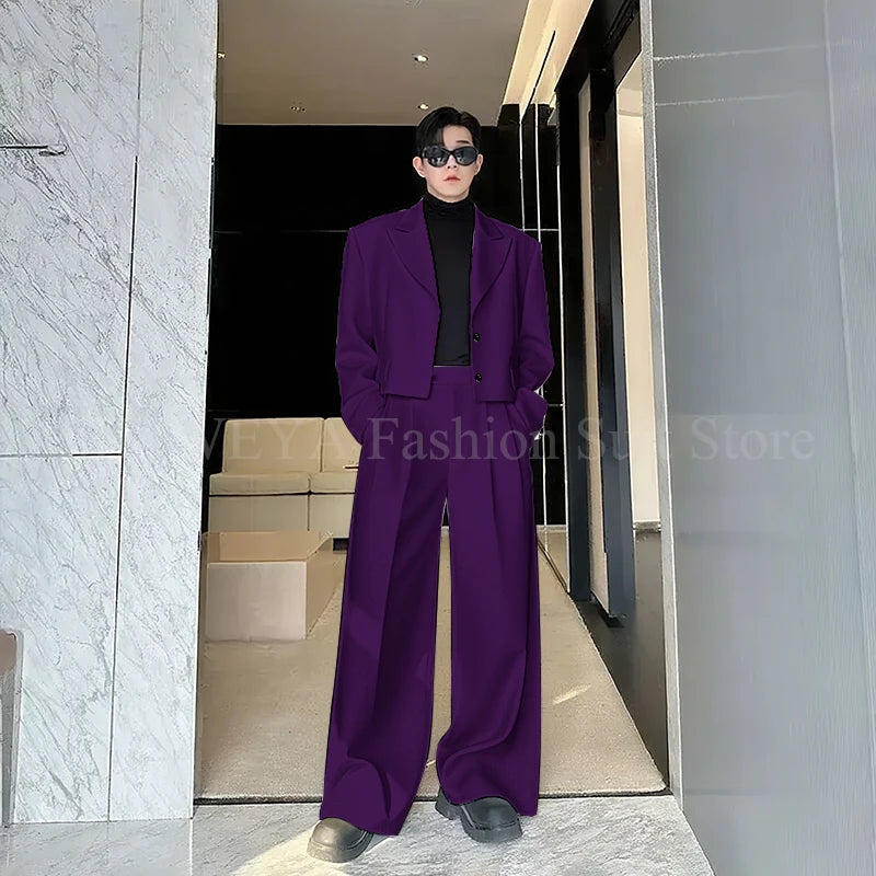 Casual Men's Suit 2 Piecs Short Jacket Pants Peak Lapel Loose Style Work Commute Social Party Fale Suits