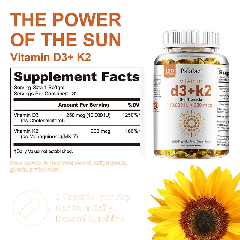 Vitamin D3 10000 Iu With K2 200 Mcg 2 In 1 Support Immune Heart Joint Teeth Bone Health