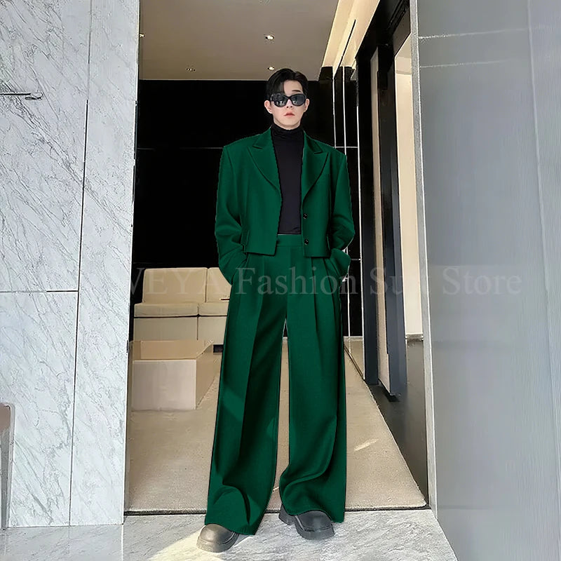 Casual Men's Suit 2 Piecs Short Jacket Pants Peak Lapel Loose Style Work Commute Social Party Fale Suits