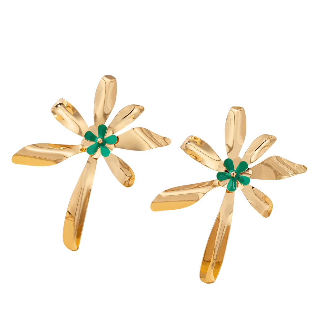 Womens Jewelry Set Exaggerated Metal Flower Center With Green Enamel Craftsmanship Earrings And Necklace Set Suitable For Daily Wear And Vacation