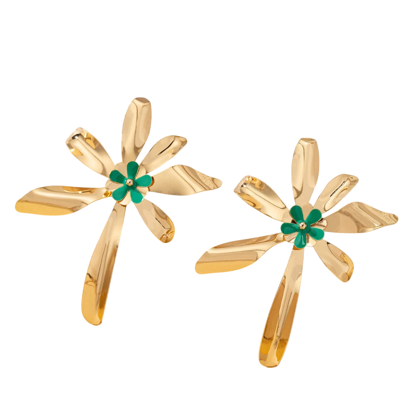 Womens Jewelry Set Exaggerated Metal Flower Center With Green Enamel Craftsmanship Earrings And Necklace Set Suitable For Daily Wear And Vacation