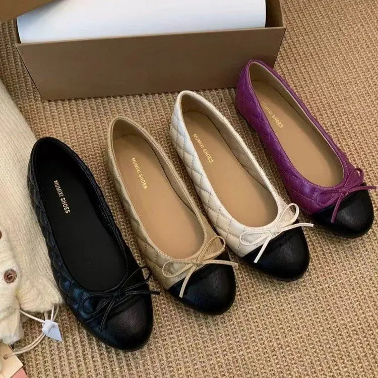 Women's Two-Tone Bowtie Flat Heel Loafers Slip-On Round Toe Dress Flats Comfortable Vintage Shoes for Office Daily Wear Party