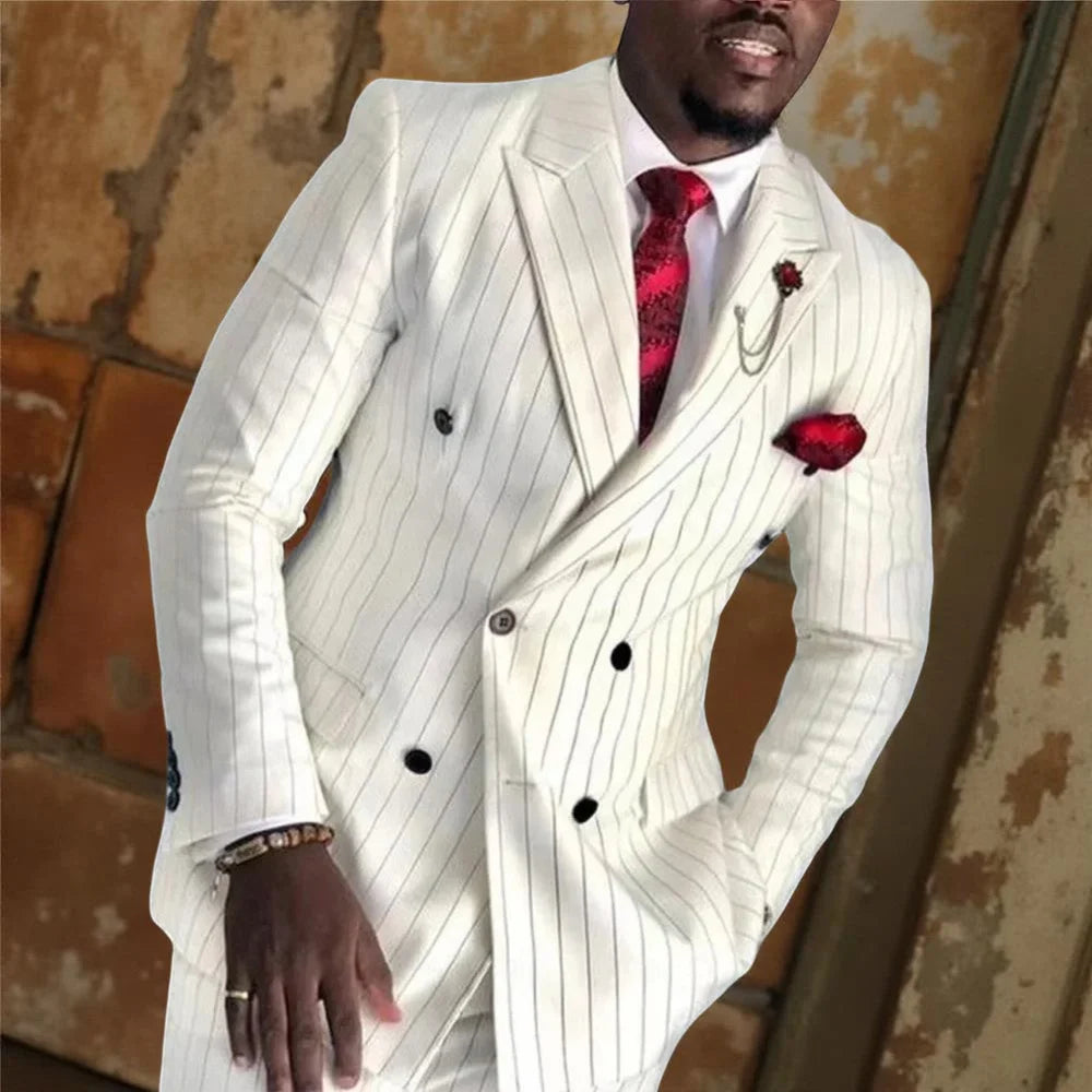Striped Wedding Suits for Men Double Breasted Groom Tuxedo 2 Pieces Pinstripe Style Set Jacket with Pants Formal Customized Suit