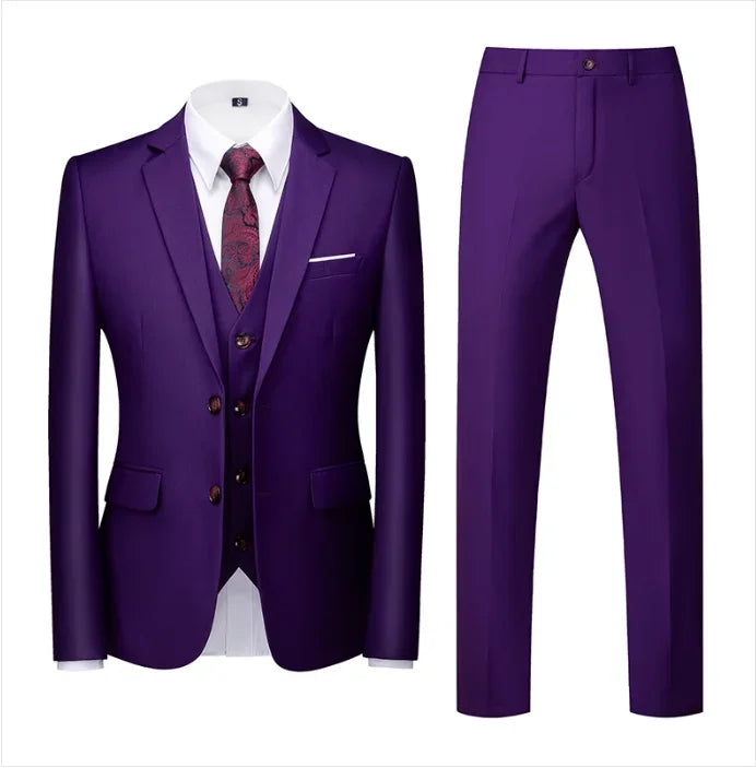 purple men's suit suit, suit and vest plus pants, fashionable and casual two-button three-piece suit,16colors , Asian Size M-6XL