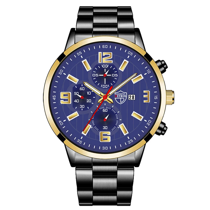 Men's Fashion Sports Watches for Men Business Stainless Steel Quartz Wristwatch Calendar Man Casual Leather Luminous Clock Watch