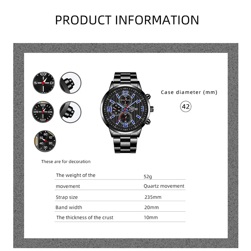 Men's Fashion Sports Watches for Men Business Stainless Steel Quartz Wristwatch Calendar Man Casual Leather Luminous Clock Watch