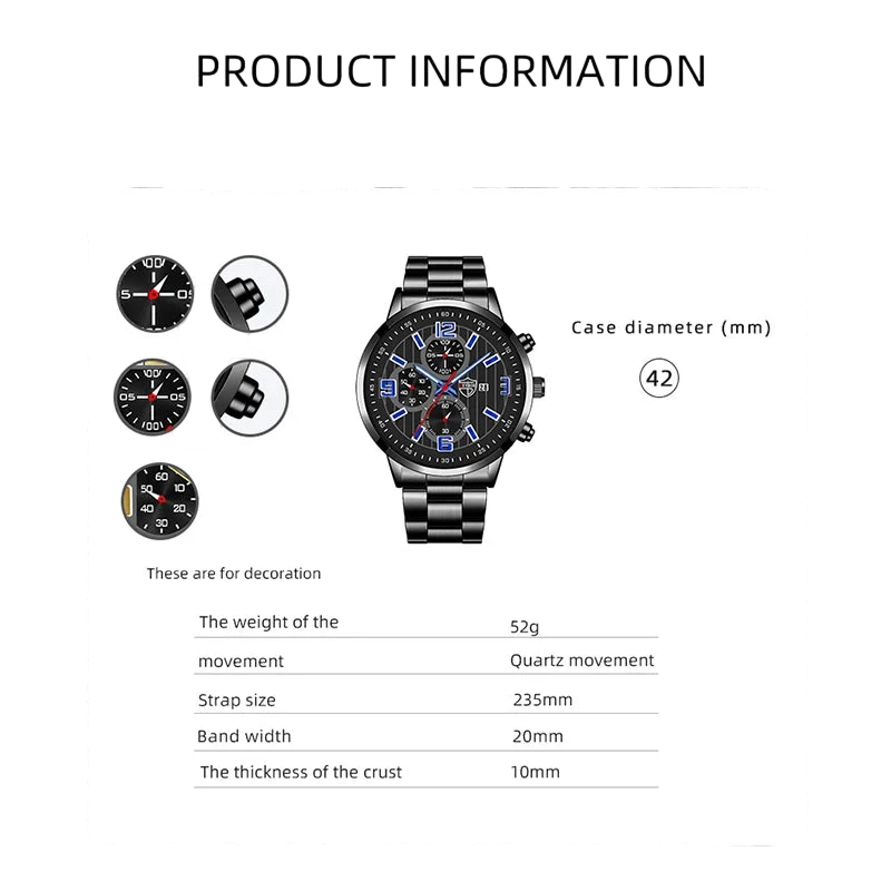 Mens Fashion Sports Watches For Men Business Stainless Steel Quartz Wristwatch Calendar Man Casual Leather Luminous Clock Watch