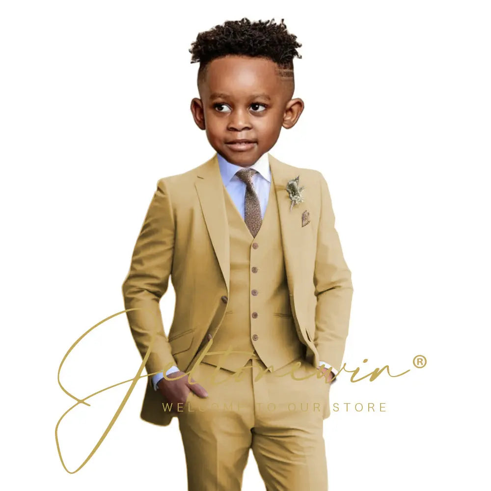 Suit Boys Wedding Tuxedo Beige Jacket Vest Pants 3 Piece Set Formal Clothes Holiday Party Blazer Kids Custom Outfit