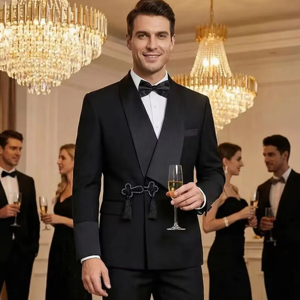Modern Men's Slim Fit Tuxedo Suit with Tassel Shawl Collar High Quality Groom's Wedding Outfit Jacket And Pants Two-Piece Set
