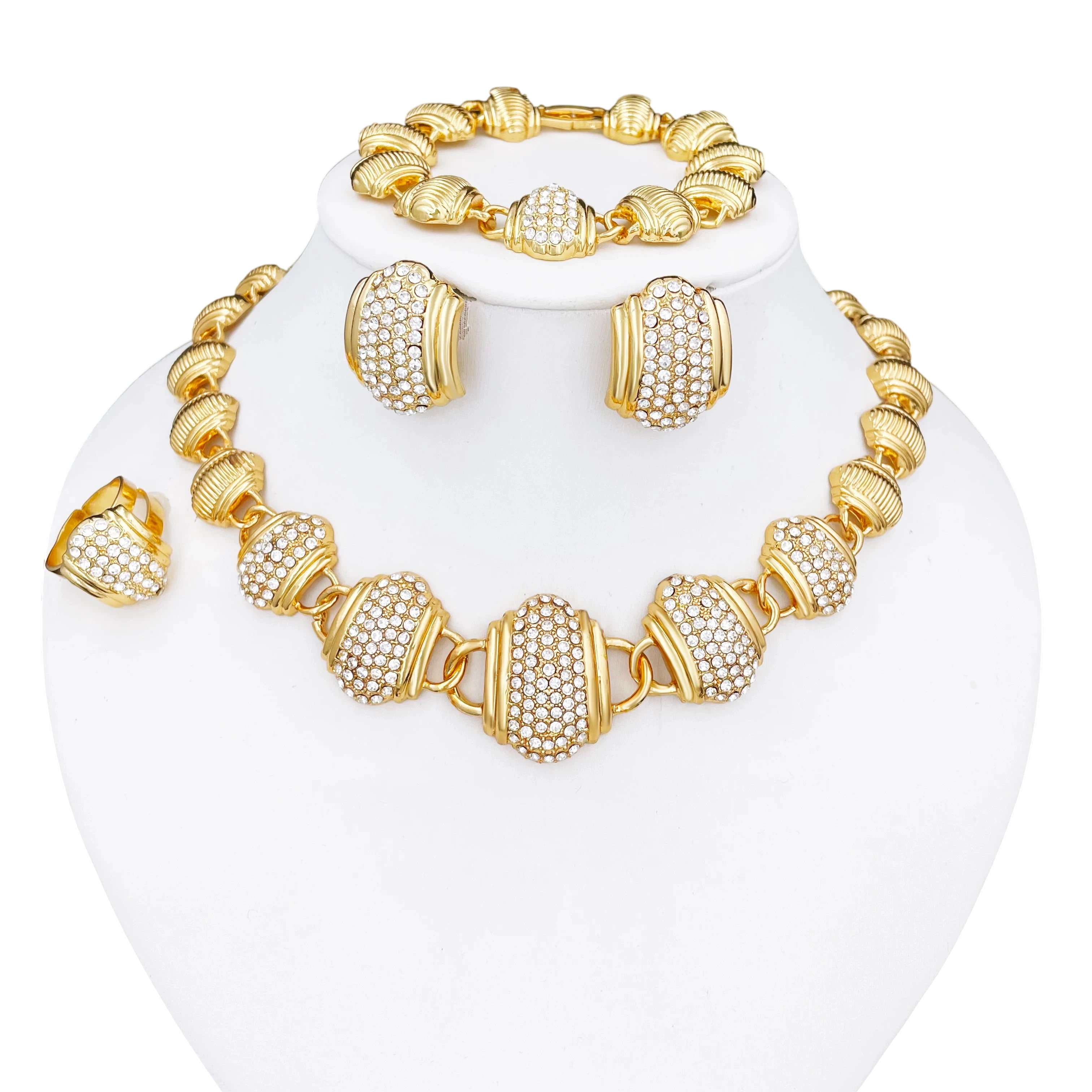 Arabic Jewelry Set For Women High Quality 18K Gold Plated Jewelry Round Necklace Earrings Bracelet And Ring Wedding Party Gift