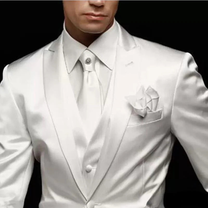 3 Piece White Satin Wedding Suits Groom Tuxedos Peaked Lapel Custom Made Handsome Business Party Male Suit ( Jacket+Pants+Vest)