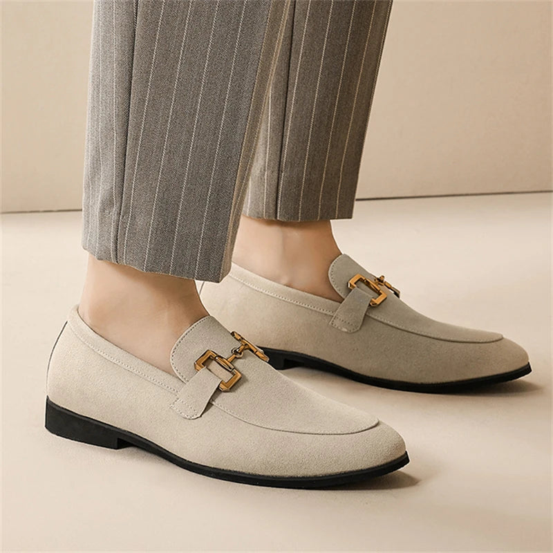 Fashion Brand Men Suede Leather Shoes Black Beige Horsebit Loafers Slip on Formal Mens Dress Shoes Wedding Office Casual Shoes