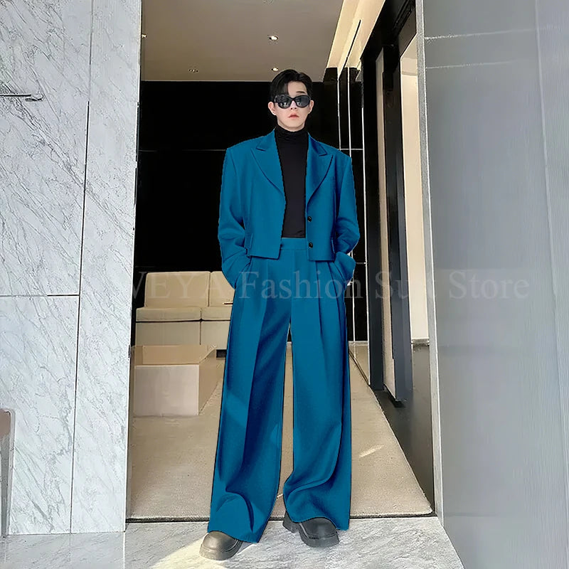 Casual Men's Suit 2 Piecs Short Jacket Pants Peak Lapel Loose Style Work Commute Social Party Fale Suits