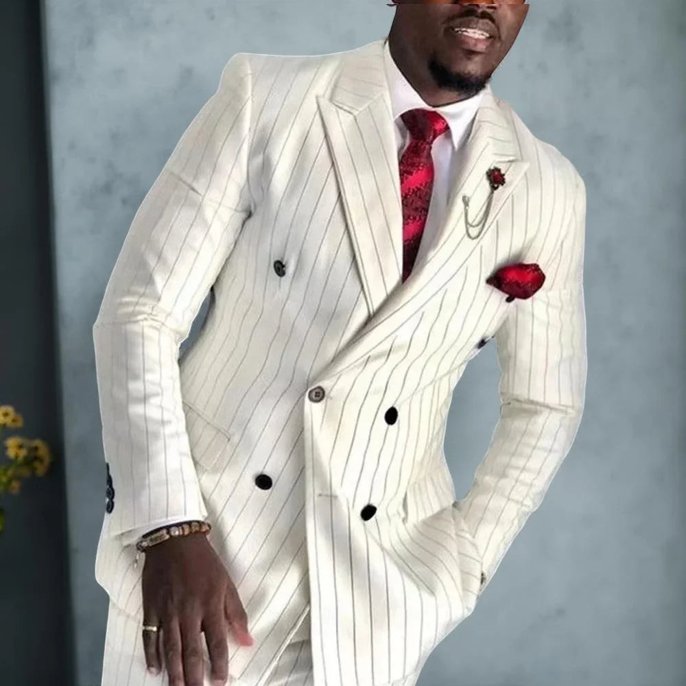 Striped Wedding Suits for Men Double Breasted Groom Tuxedo 2 Pieces Pinstripe Style Set Jacket with Pants Formal Customized Suit