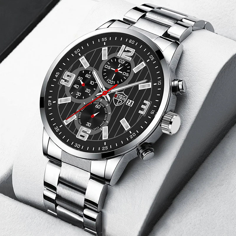 Men's Fashion Sports Watches for Men Business Stainless Steel Quartz Wristwatch Calendar Man Casual Leather Luminous Clock Watch