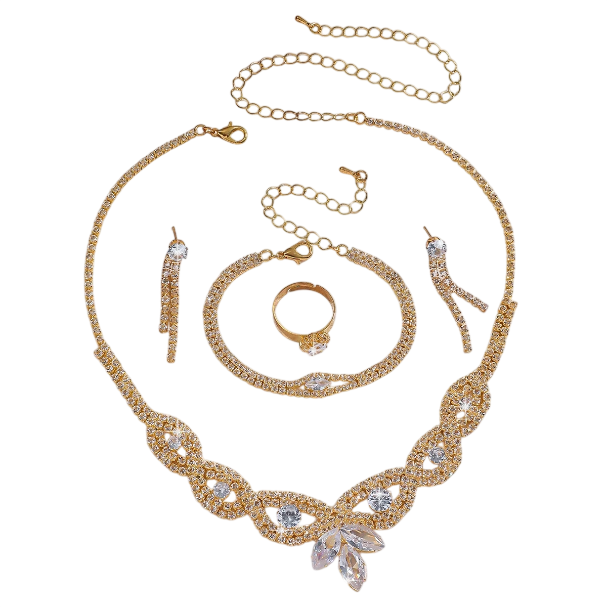 Jewelry Wholesale Fashion New Necklace Earrings Bracelet Ring Set Shiny Bride Jewelry Two Piece Set With Accessories