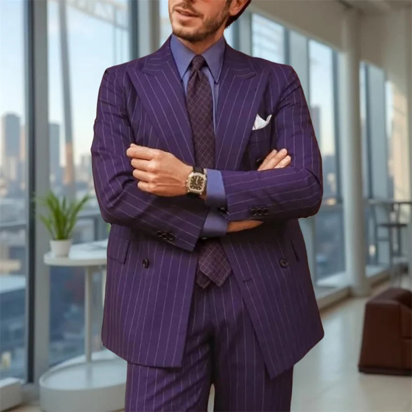 Striped Wedding Suits for Men Double Breasted Groom Tuxedo 2 Pieces Pinstripe Style Set Jacket with Pants Formal Customized Suit