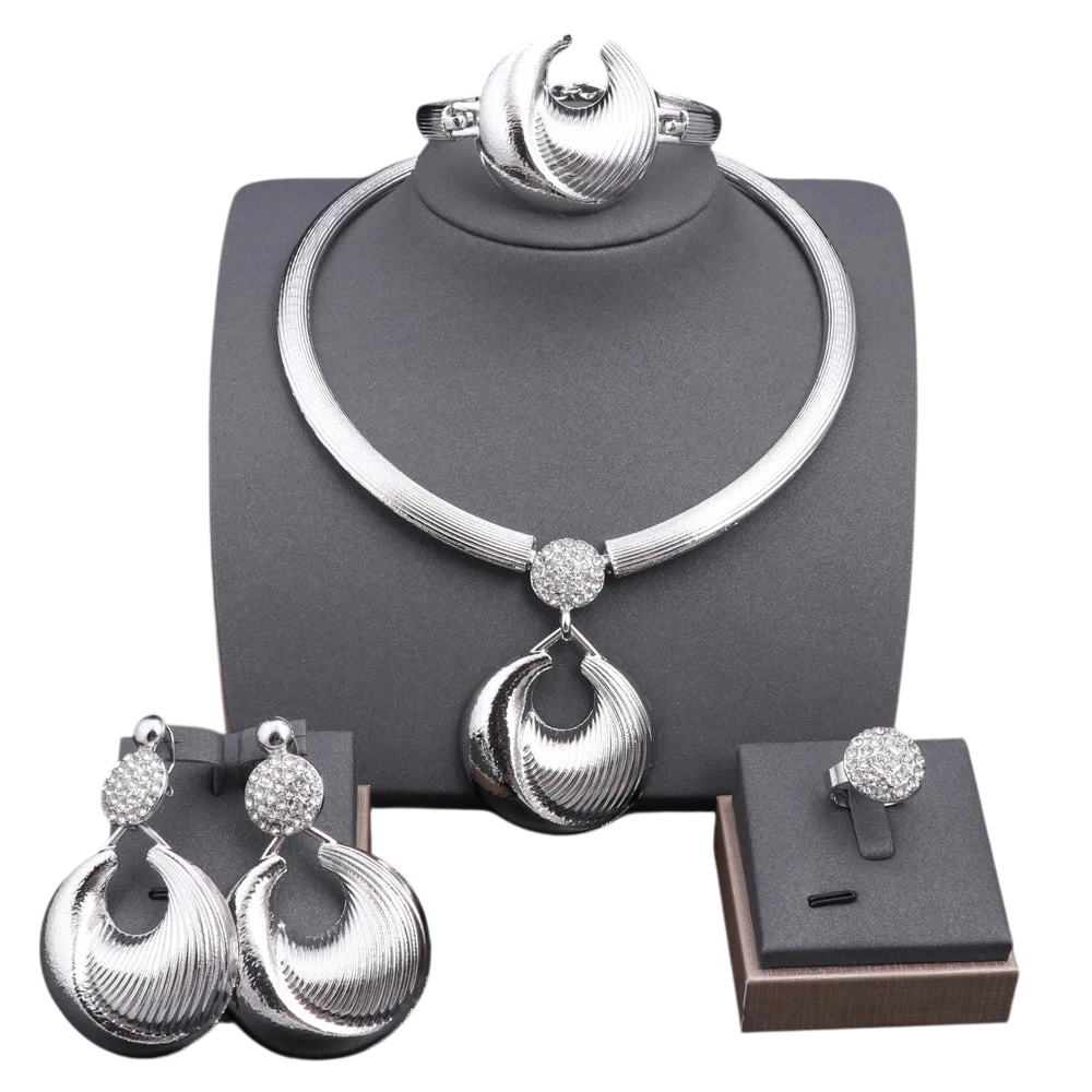Dubai Jewelry Set For Women Silver Plated Luxury Necklace Earrings Bracelet And Ring Set Jewelry For Wedding Party Trending