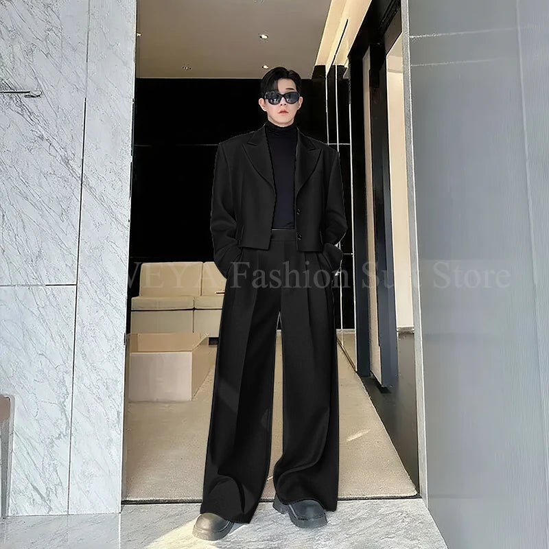 Casual Men's Suit 2 Piecs Short Jacket Pants Peak Lapel Loose Style Work Commute Social Party Fale Suits