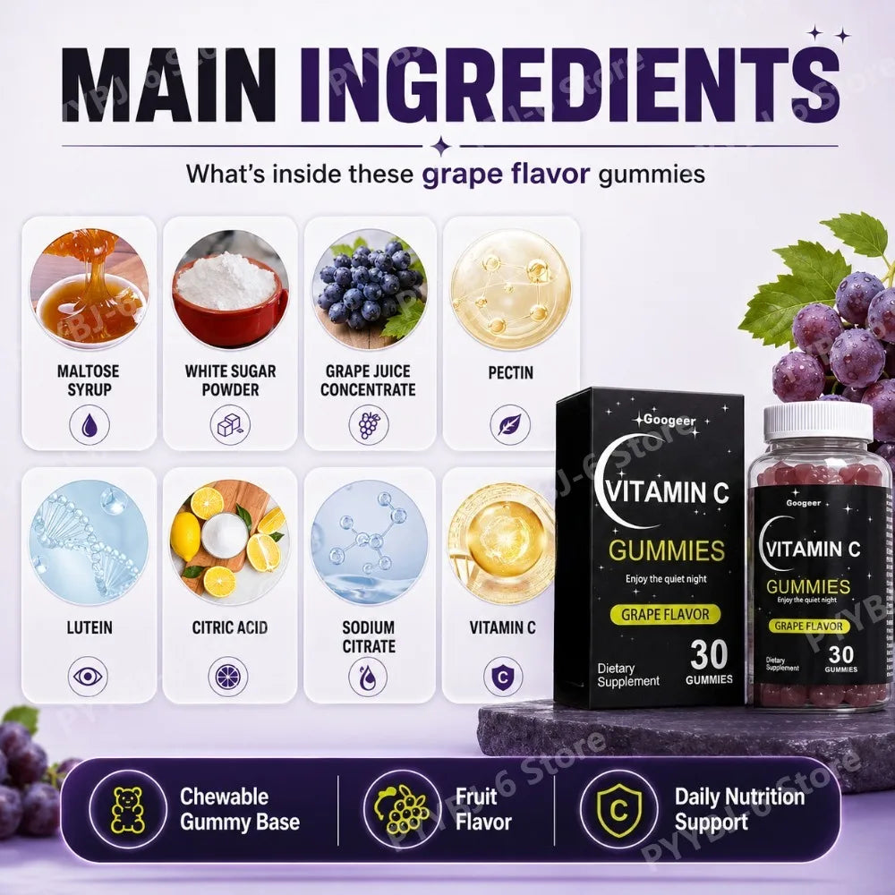 Vitamin C Gummies 30pcs Grape Flavor Chewable Dietary Supplement with Lutein Pectin Daily Immune Antioxidant Eye Support