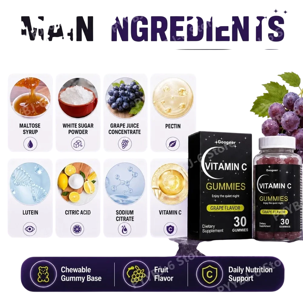 Vitamin C Gummies 30Pcs Grape Flavor Chewable Dietary Supplement With Lutein Pectin Daily Immune Antioxidant Eye Support