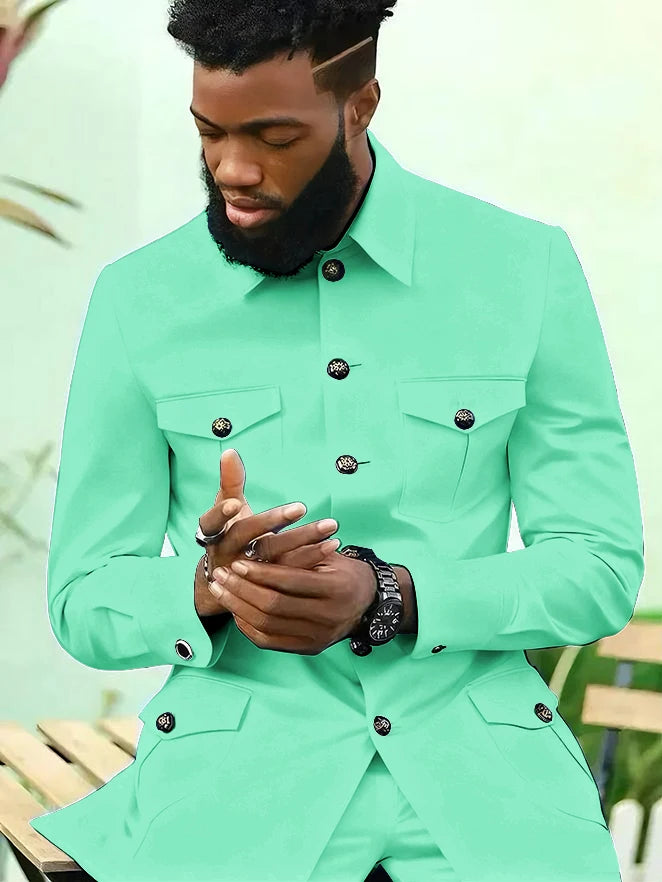 Suits for Men 2 Piece Fashion Stand Collar Single Breasted Suit Solid Color Wedding Tuxedo Business Casual Suit (Jacket+Pants)