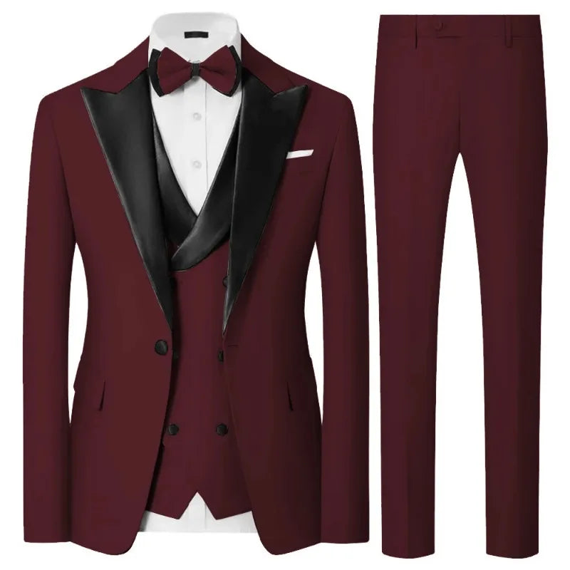 Luxury Men'sTuxedo 3-Piece SuitSatin Peak Lapel Blazer Waistcoat Pants, Elegant Formal Outfit for WeddingPromGala