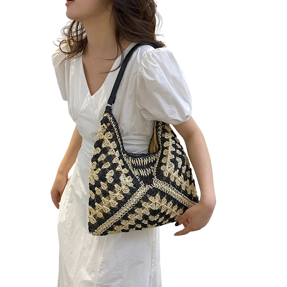 Summer Bohemian Braided Handbag Casual Tote Hollow Straw Beach Bag Woven Shoulder Bag Raffia Rattan Shopping Travel Bag