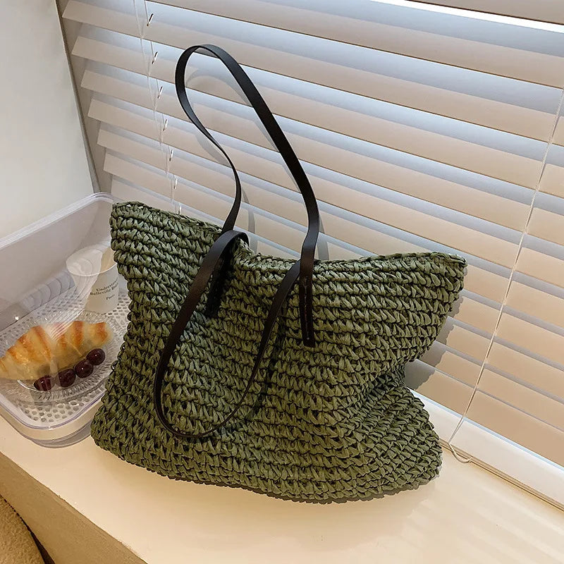 Women Handbag Summer Beach Bag Rattan Woven Handmade Knitted Straw Large Capacity Totes Leather Women Shoulder Bag Bohemia New