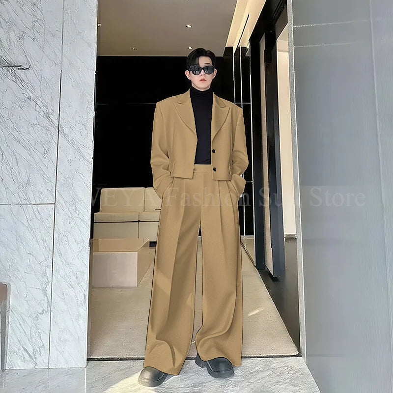 Casual Men's Suit 2 Piecs Short Jacket Pants Peak Lapel Loose Style Work Commute Social Party Fale Suits