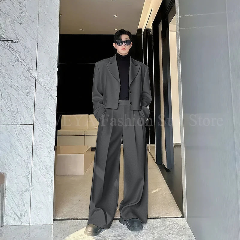 Casual Men's Suit 2 Piecs Short Jacket Pants Peak Lapel Loose Style Work Commute Social Party Fale Suits