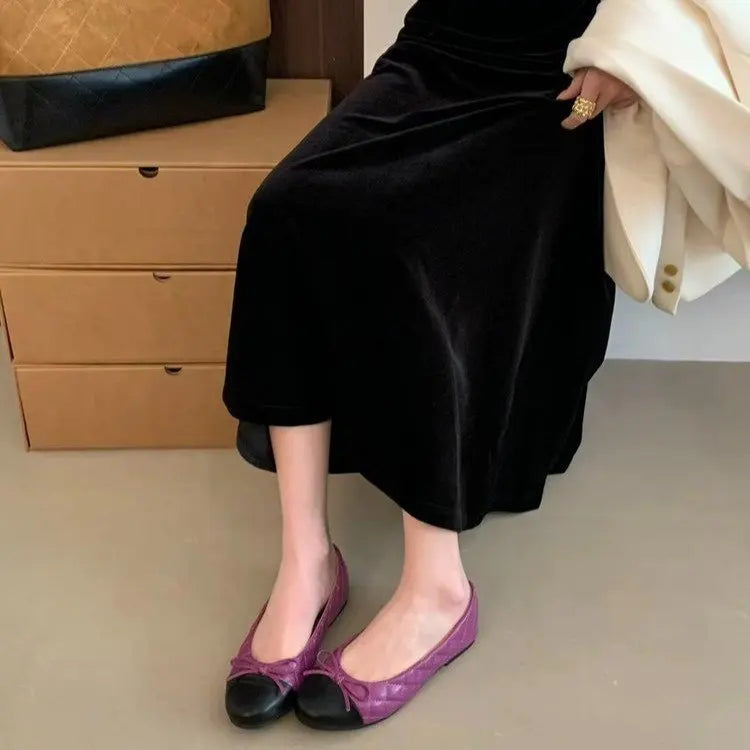 Women's Two-Tone Bowtie Flat Heel Loafers Slip-On Round Toe Dress Flats Comfortable Vintage Shoes for Office Daily Wear Party