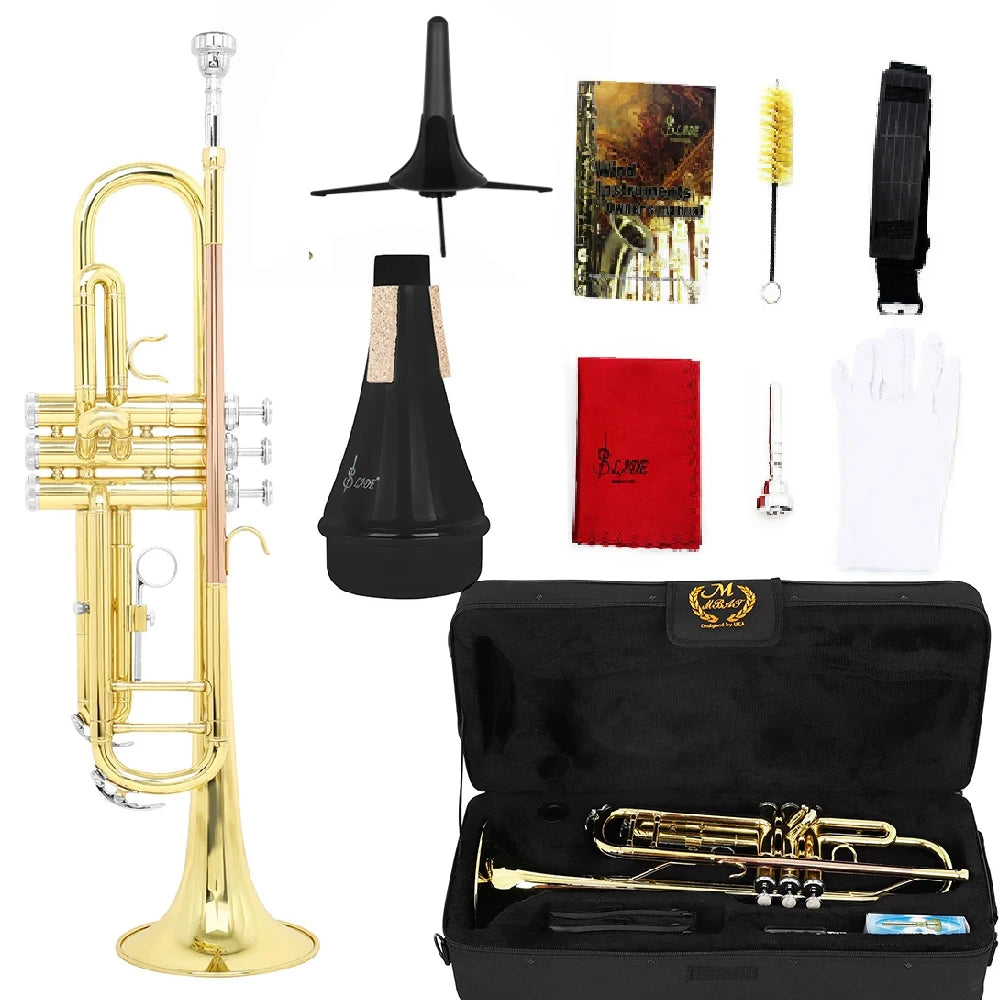 M MBAT Bb/B Flat Trumpet Brass Gold Exquisite Durable Musical Instrument with Mouthpiece Bracket Weak Speaker Gloves Strap Case
