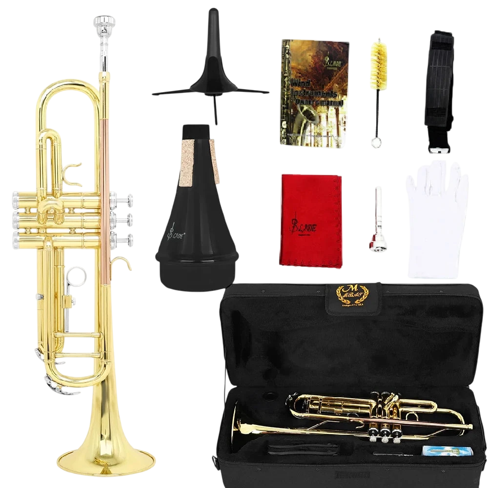 M Mbat Bb B Flat Trumpet Brass Gold Exquisite Durable Musical Instrument With Mouthpiece Bracket Weak Speaker Gloves Strap Case