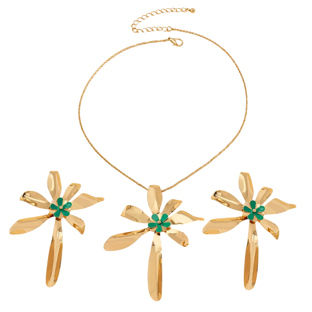 Womens Jewelry Set Exaggerated Metal Flower Center With Green Enamel Craftsmanship Earrings And Necklace Set Suitable For Daily Wear And Vacation