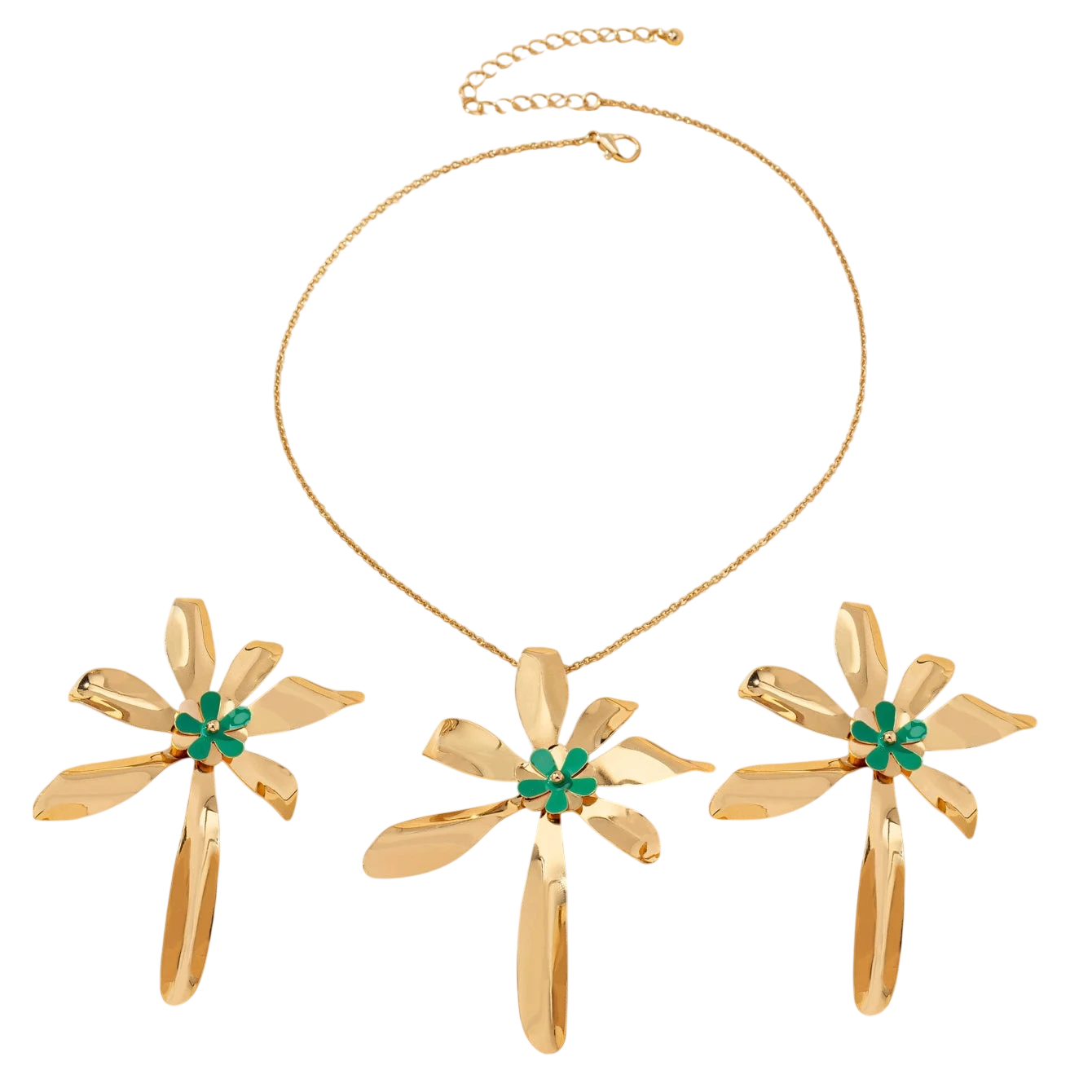 Womens Jewelry Set Exaggerated Metal Flower Center With Green Enamel Craftsmanship Earrings And Necklace Set Suitable For Daily Wear And Vacation
