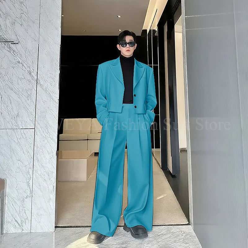 Casual Men's Suit 2 Piecs Short Jacket Pants Peak Lapel Loose Style Work Commute Social Party Fale Suits