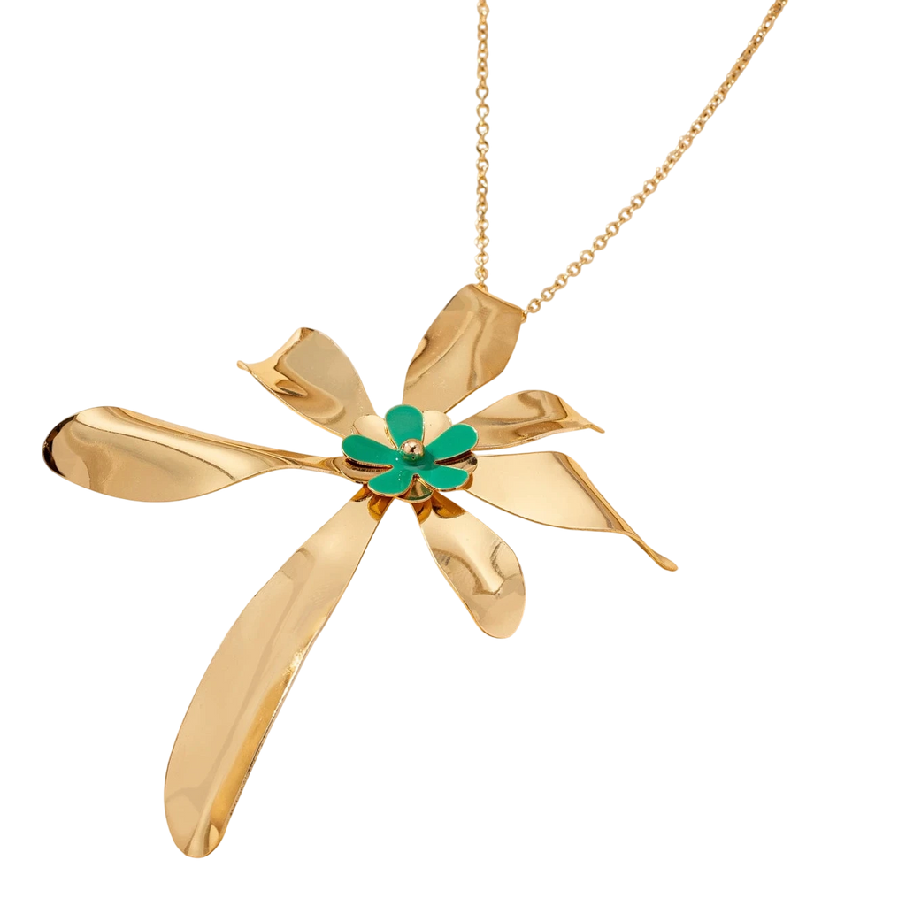 Womens Jewelry Set Exaggerated Metal Flower Center With Green Enamel Craftsmanship Earrings And Necklace Set Suitable For Daily Wear And Vacation