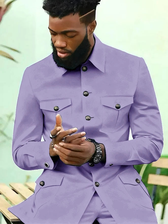 Suits for Men 2 Piece Fashion Stand Collar Single Breasted Suit Solid Color Wedding Tuxedo Business Casual Suit (Jacket+Pants)