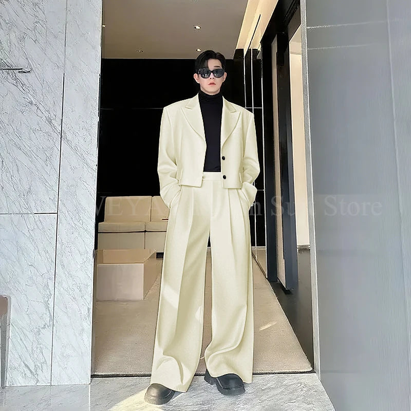 Casual Men's Suit 2 Piecs Short Jacket Pants Peak Lapel Loose Style Work Commute Social Party Fale Suits