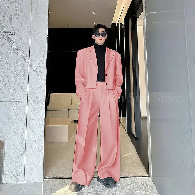 Casual Men's Suit 2 Piecs Short Jacket Pants Peak Lapel Loose Style Work Commute Social Party Fale Suits