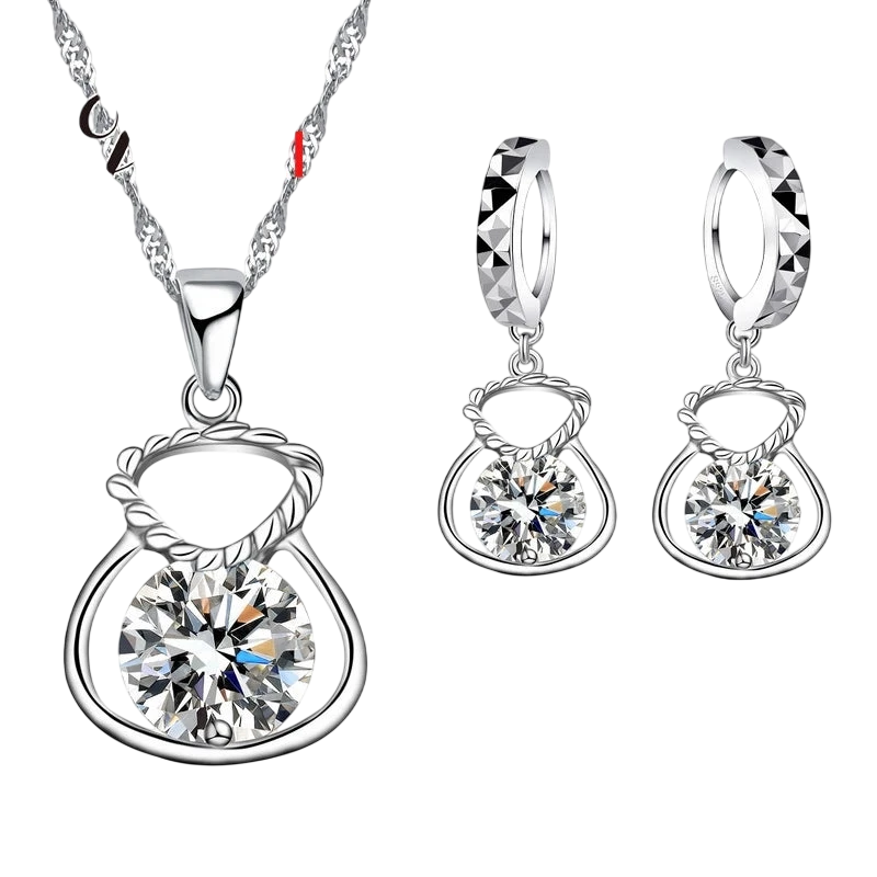 New 925 Silver Color Jewelry Sets Include Rhinestone Necklace Earrings Purse Wedding Anniversary Accessories Gift