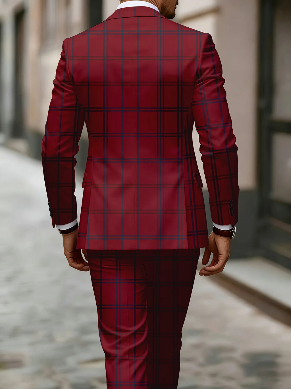 European & American Style Men's Business Suit Set Two-Piece Suit & Trousers Retro Red Blue Color-Block Plaid Print