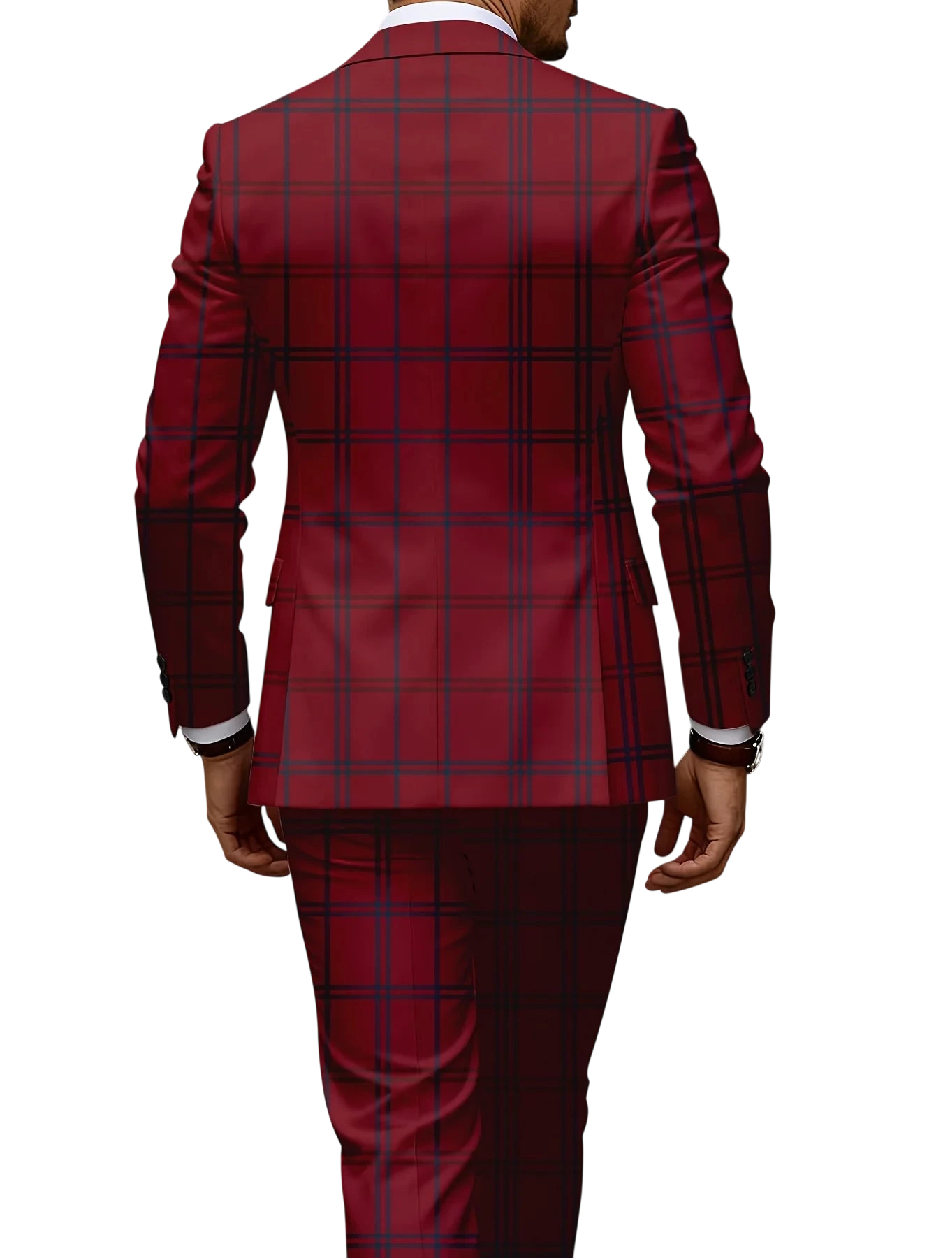European American Style Mens Business Suit Set Two Piece Suit Trousers Retro Red Blue Color Block Plaid Print