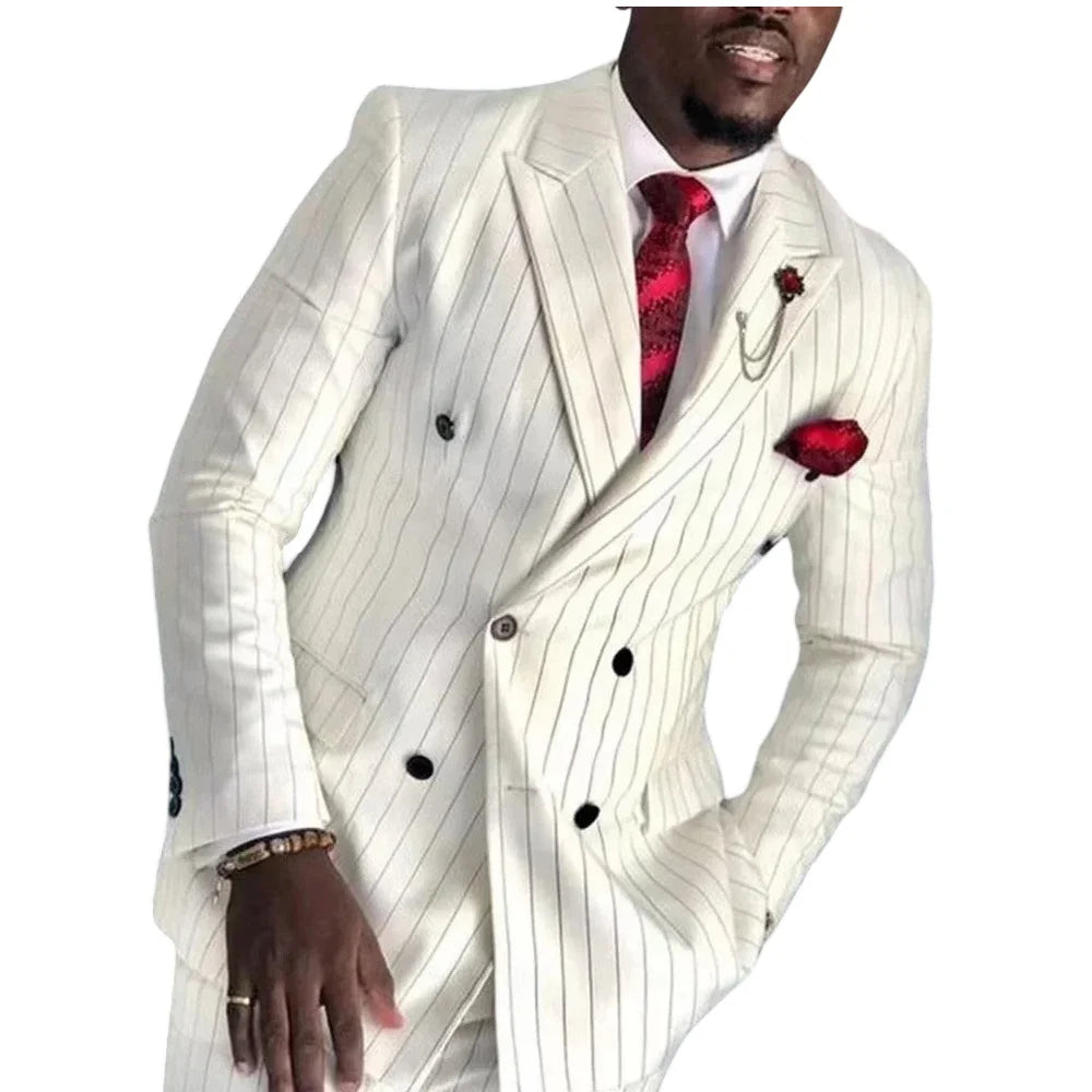 Striped Wedding Suits for Men Double Breasted Groom Tuxedo 2 Pieces Pinstripe Style Set Jacket with Pants Formal Customized Suit