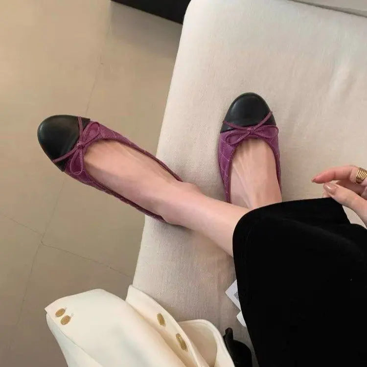 Women's Two-Tone Bowtie Flat Heel Loafers Slip-On Round Toe Dress Flats Comfortable Vintage Shoes for Office Daily Wear Party
