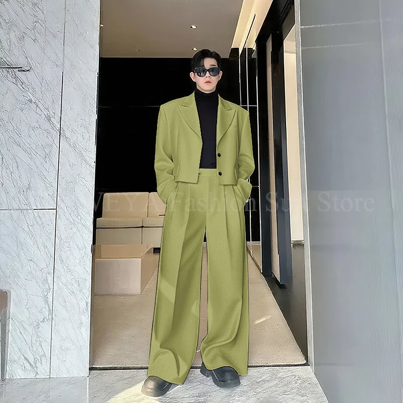 Casual Men's Suit 2 Piecs Short Jacket Pants Peak Lapel Loose Style Work Commute Social Party Fale Suits