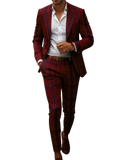 European American Style Mens Business Suit Set Two Piece Suit Trousers Retro Red Blue Color Block Plaid Print